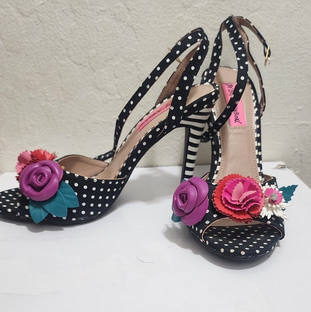 Betsey Johnson Black Polka Dot Heels with Floral Accents